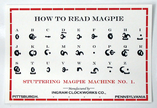 Stuttering Magpie Machine performs the
			   letter S.  Robotic artwork by artist Ian
			   Ingram.